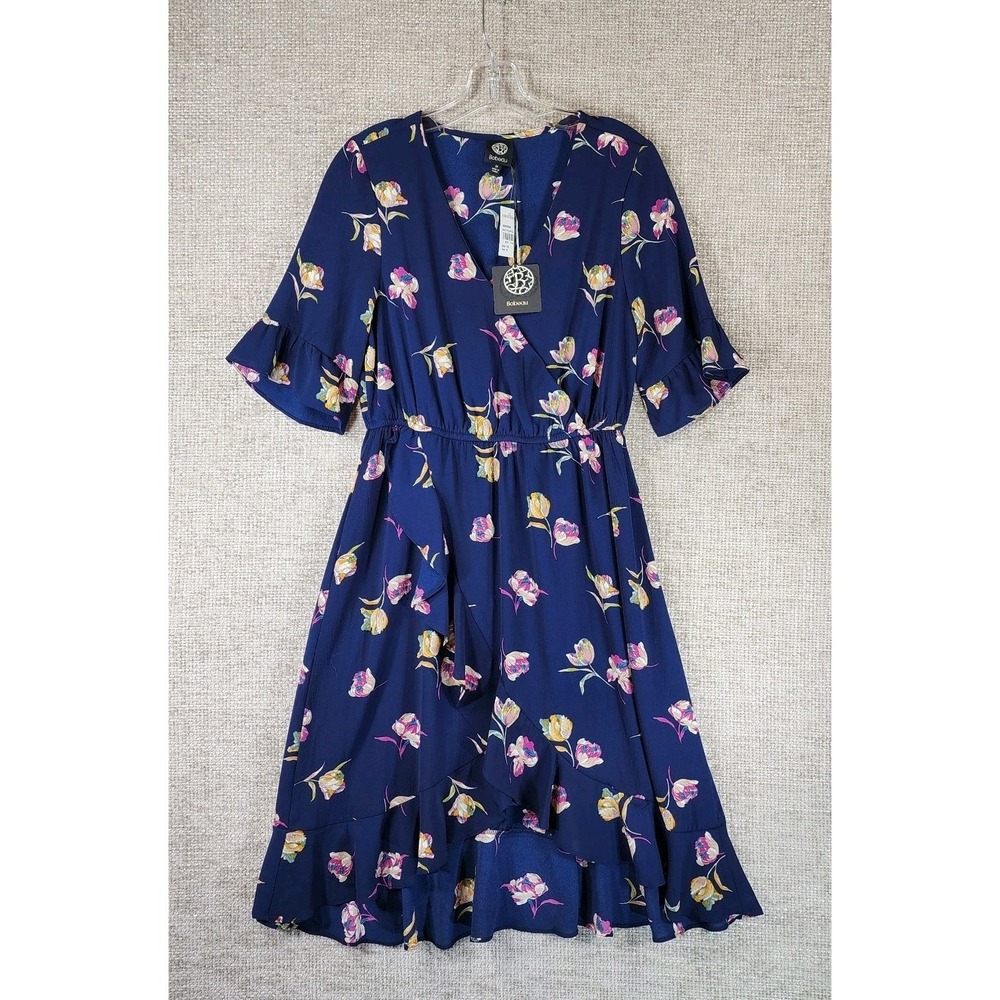 Bobeau Faux Wrap Floral Midi Dress Womens M Navy Ruffle Trim Hi-Low Hem NWT